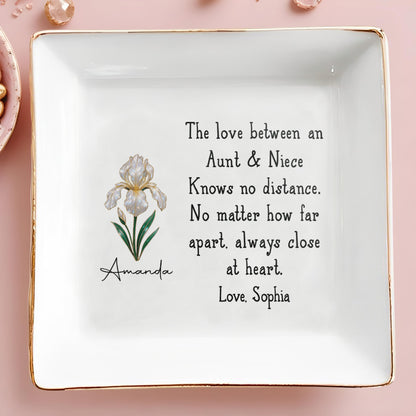 The Love Between Aunt & Niece, Close At Heart Flower Design - Personalized Custom Jewelry Dish, Square Ceramic Dish - AUNT005_SCRD