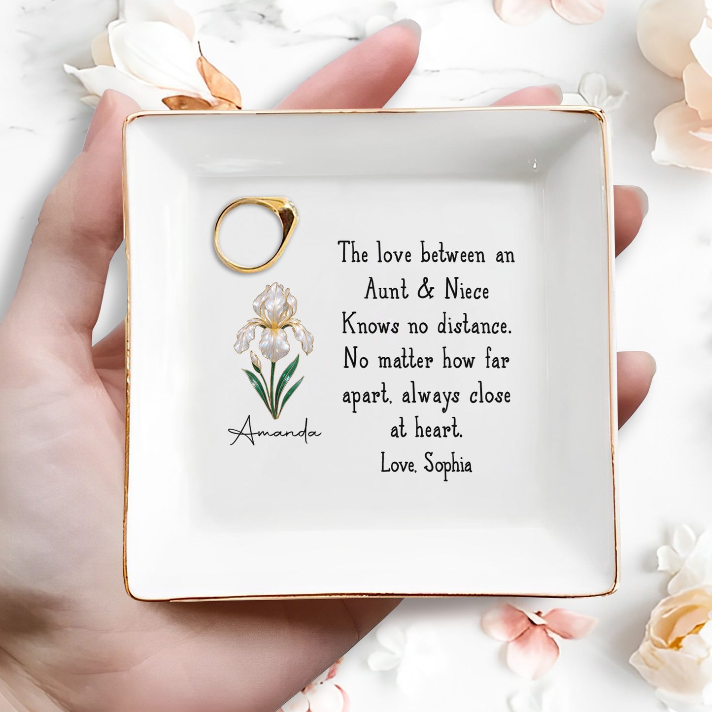 The Love Between Aunt & Niece, Close At Heart Flower Design - Personalized Custom Jewelry Dish, Square Ceramic Dish - AUNT005_SCRD