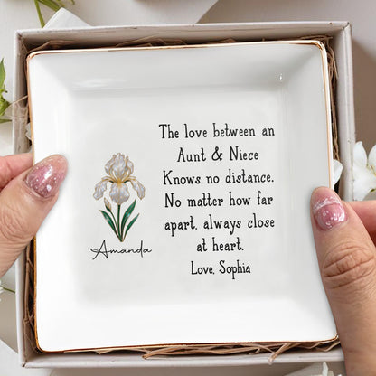 The Love Between Aunt & Niece, Close At Heart Flower Design - Personalized Custom Jewelry Dish, Square Ceramic Dish - AUNT005_SCRD