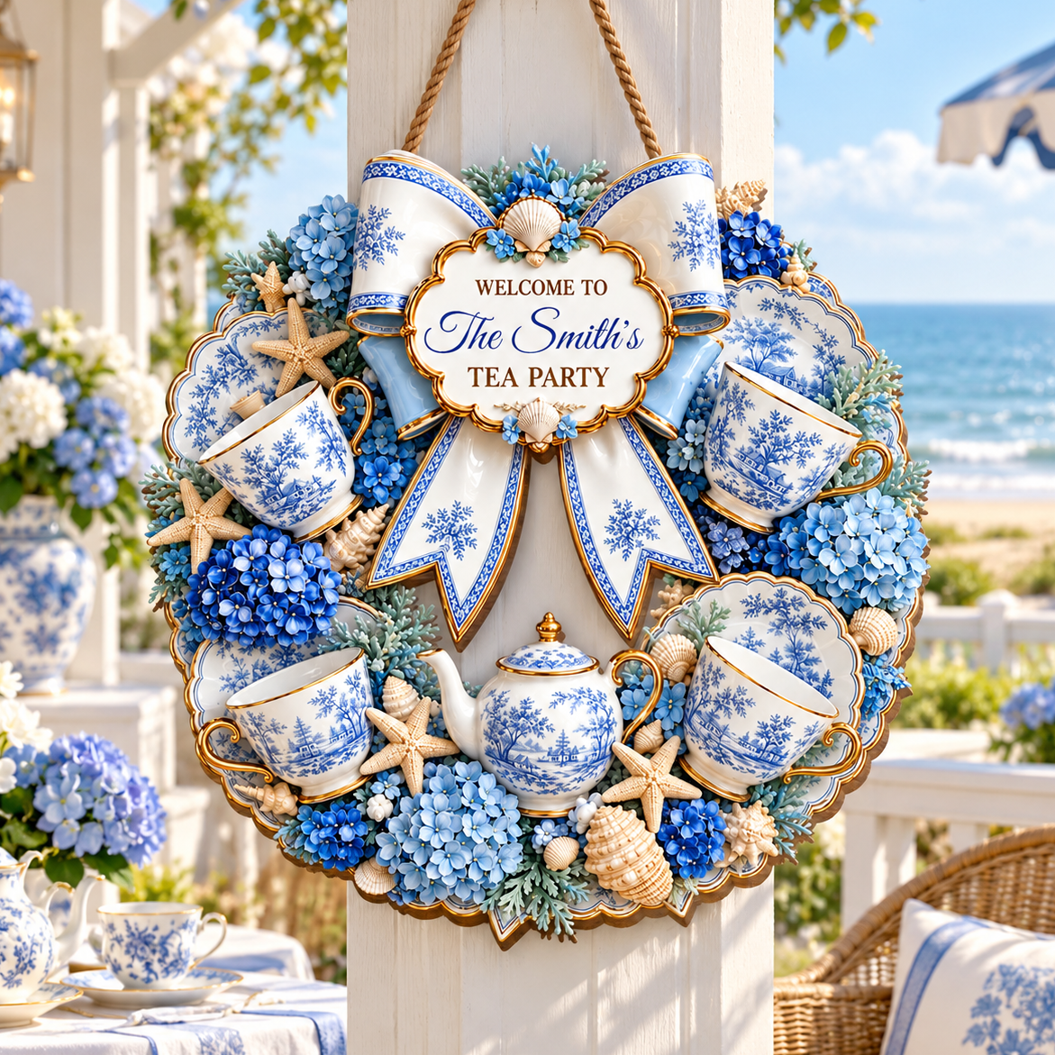 Welcome To Our Tea Party Coastal Teacups And Seashells - Personalized Custom Shaped Wood Sign - HOB458_WSIGN
