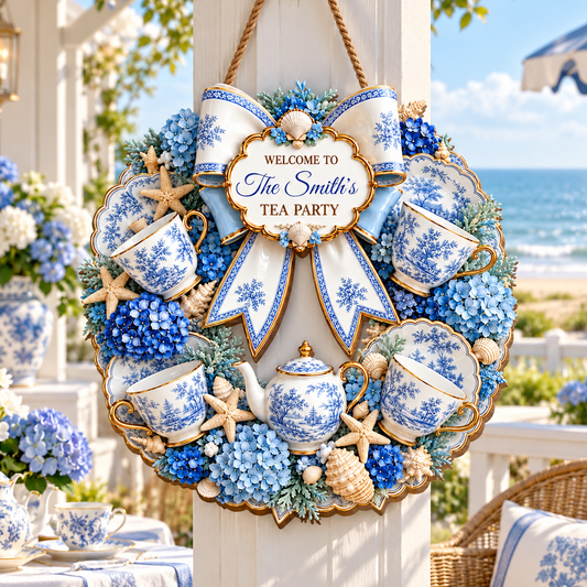 Welcome To Our Tea Party Coastal Teacups And Seashells - Personalized Custom Shaped Wood Sign - HOB458_WSIGN