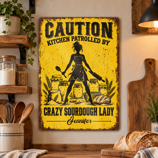 Caution Kitchen Patrolled By Crazy Sourdough Lady Baker With Wheat And Bread - Personalized Metal Sign - BAKE153_MSIGN