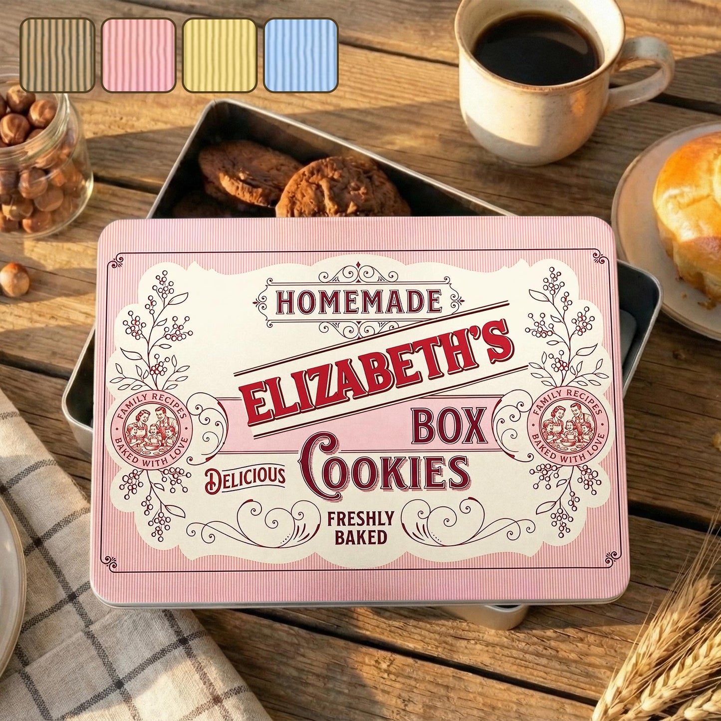 Homemade Cookies Box Delicious Freshly Baked With Vintage Flower Design - Personalized Cookie Tin Box - BAKE003_CTBOX