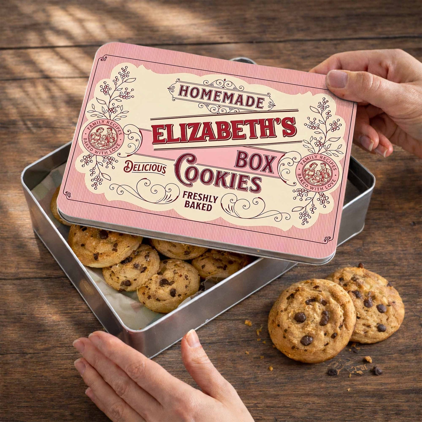 Homemade Cookies Box Delicious Freshly Baked With Vintage Flower Design - Personalized Cookie Tin Box - BAKE003_CTBOX