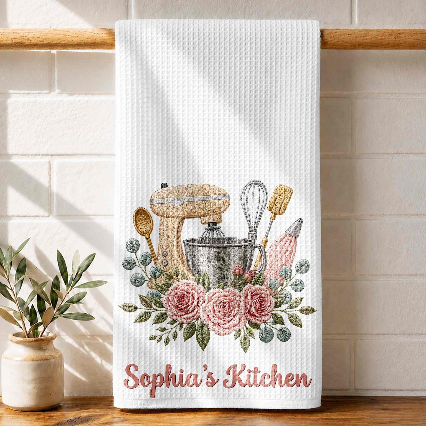 My Kitchen Stand Mixer and Pink Roses Floral Design - Personalized Kitchen Towel - BAKE035_TOWL