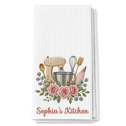 My Kitchen Stand Mixer and Pink Roses Floral Design - Personalized Kitchen Towel - BAKE035_TOWL