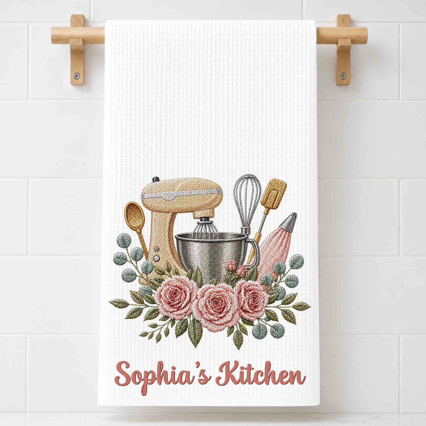 My Kitchen Stand Mixer and Pink Roses Floral Design - Personalized Kitchen Towel - BAKE035_TOWL