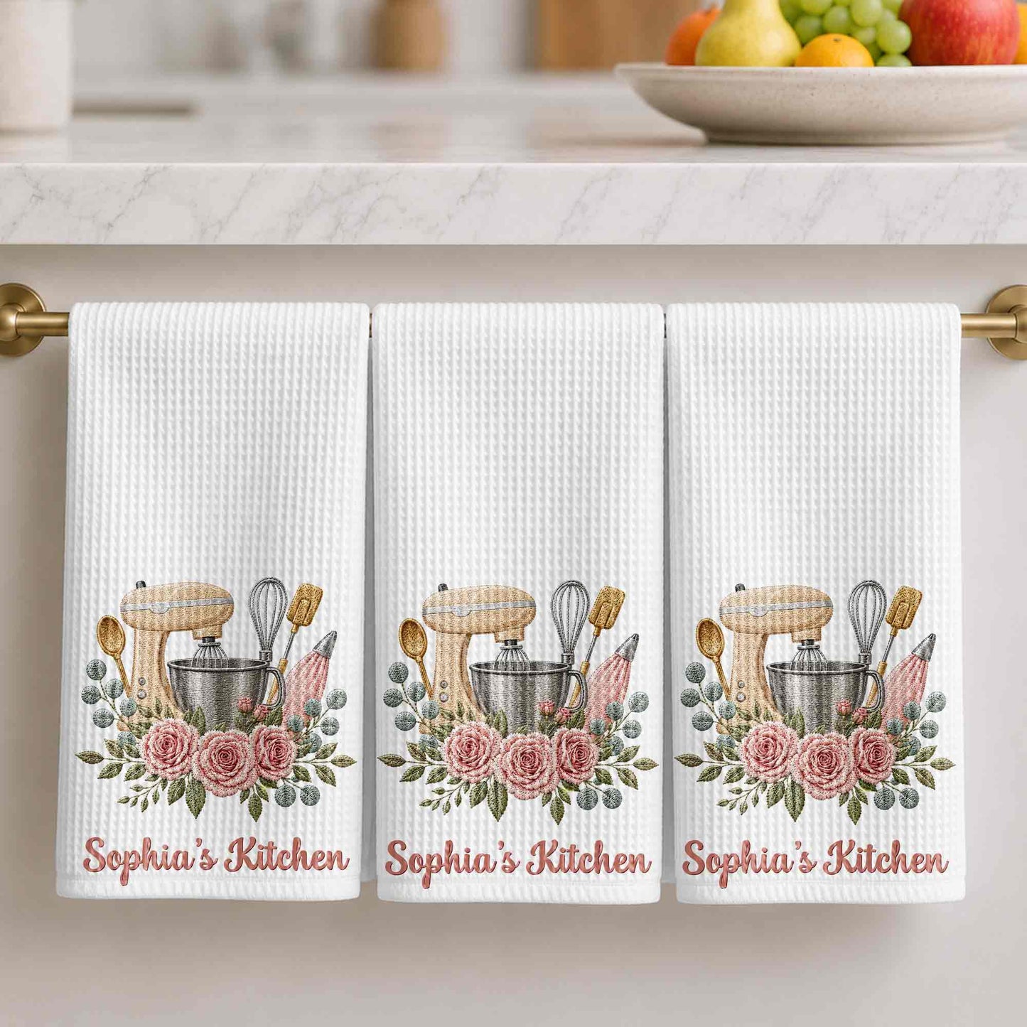 My Kitchen Stand Mixer and Pink Roses Floral Design - Personalized Kitchen Towel - BAKE035_TOWL