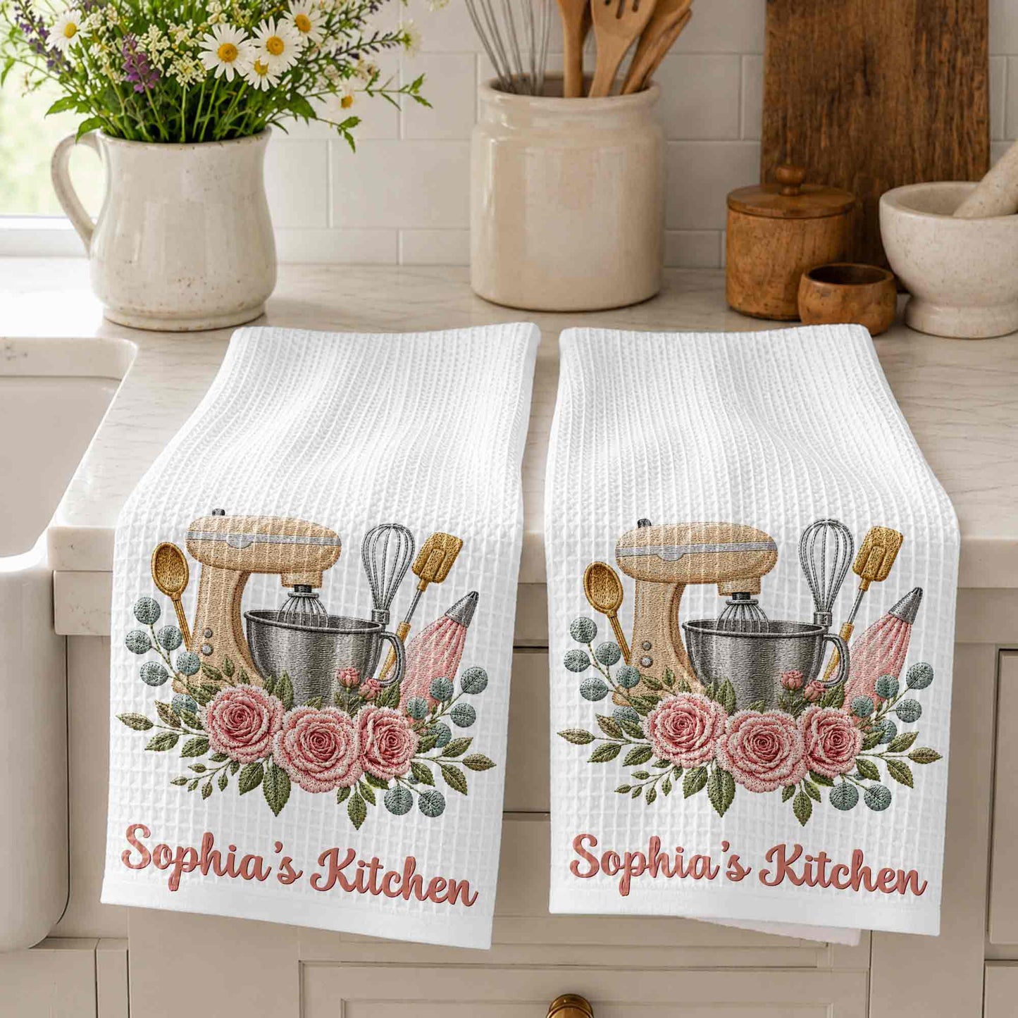 My Kitchen Stand Mixer and Pink Roses Floral Design - Personalized Kitchen Towel - BAKE035_TOWL