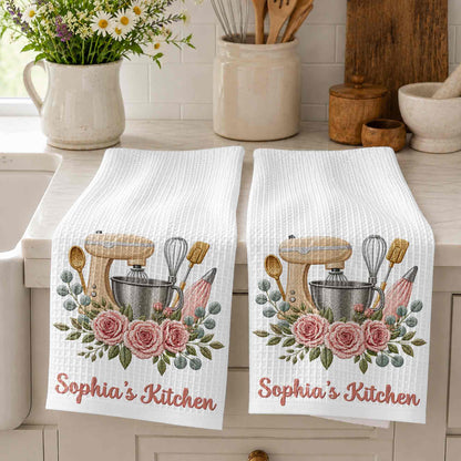 My Kitchen Stand Mixer and Pink Roses Floral Design - Personalized Kitchen Towel - BAKE035_TOWL