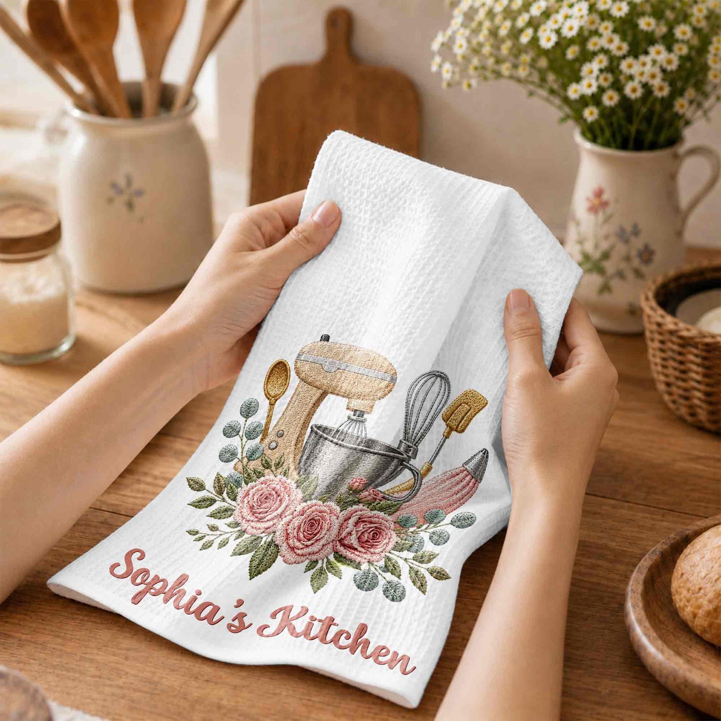 My Kitchen Stand Mixer and Pink Roses Floral Design - Personalized Kitchen Towel - BAKE035_TOWL