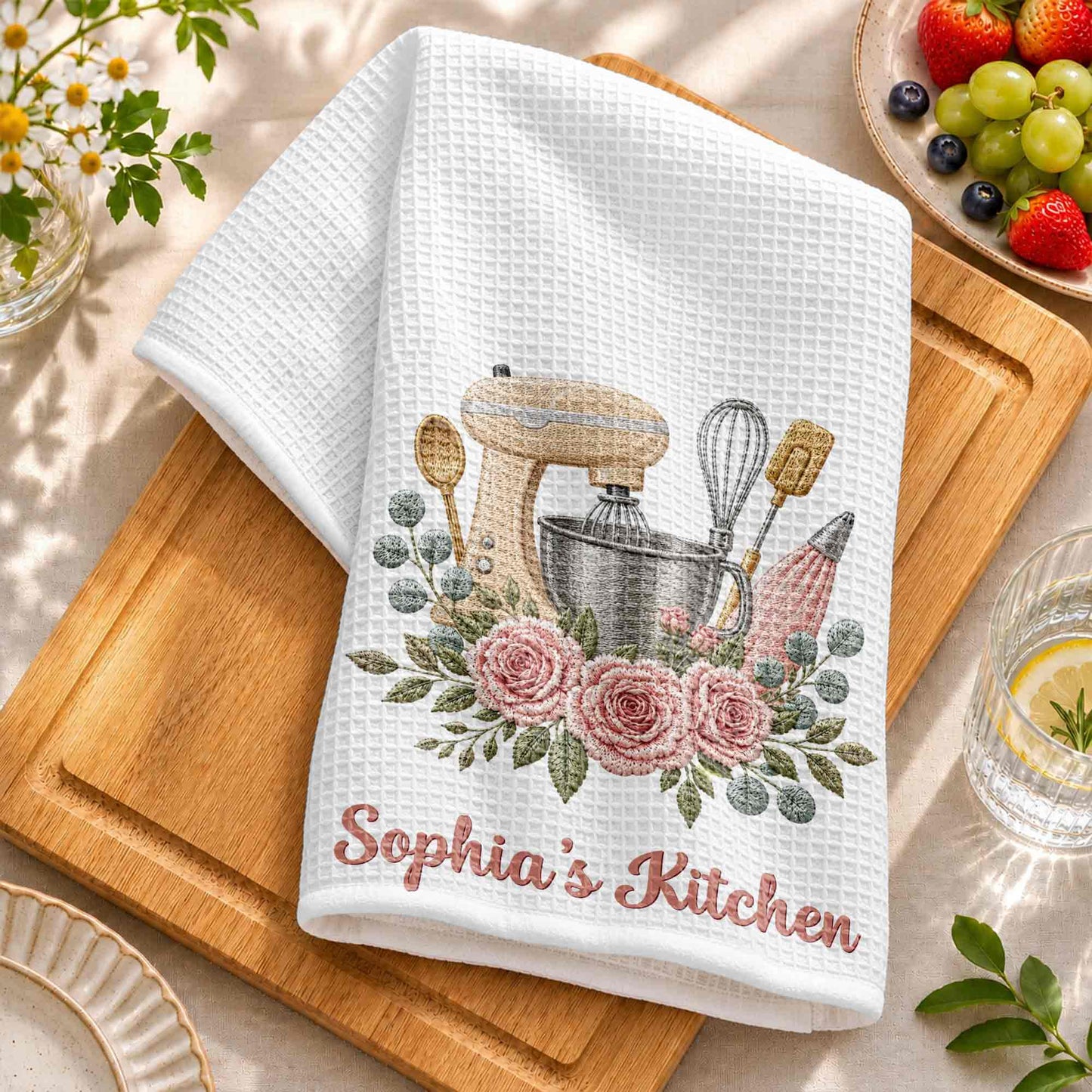 My Kitchen Stand Mixer and Pink Roses Floral Design - Personalized Kitchen Towel - BAKE035_TOWL