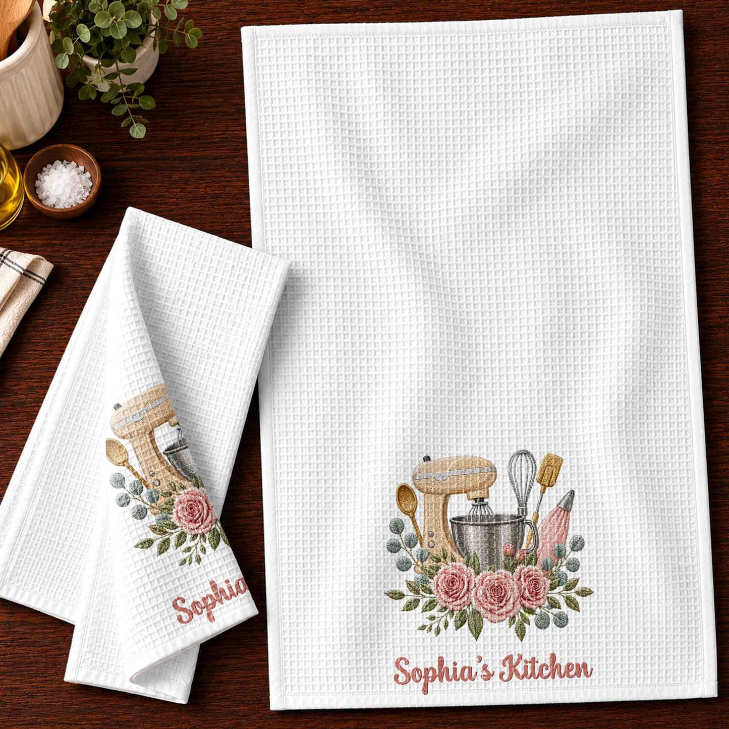 My Kitchen Stand Mixer and Pink Roses Floral Design - Personalized Kitchen Towel - BAKE035_TOWL