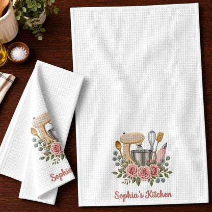 My Kitchen Stand Mixer and Pink Roses Floral Design - Personalized Kitchen Towel - BAKE035_TOWL