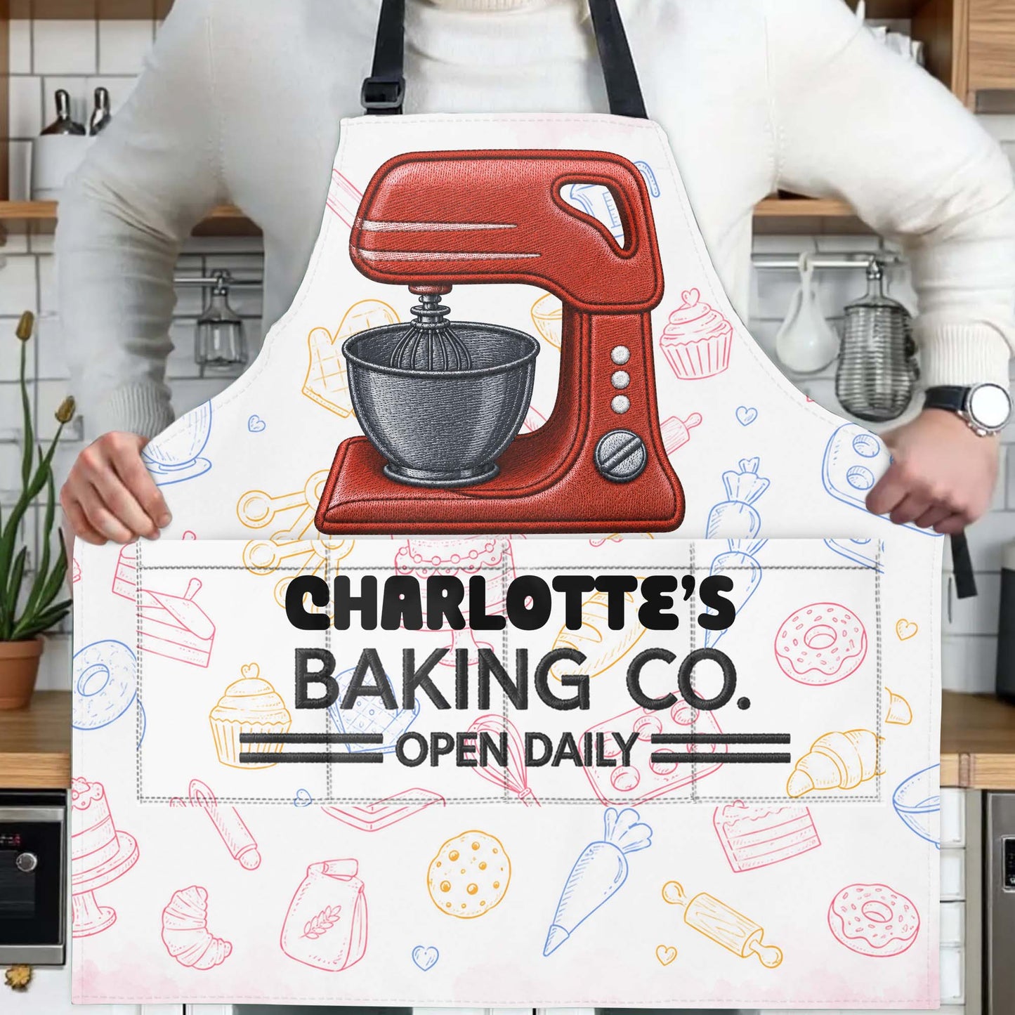 Baking Co. Open Daily Custom Name Dough Mixer And Pastries - Personalized Apron - BAKE043_AAP