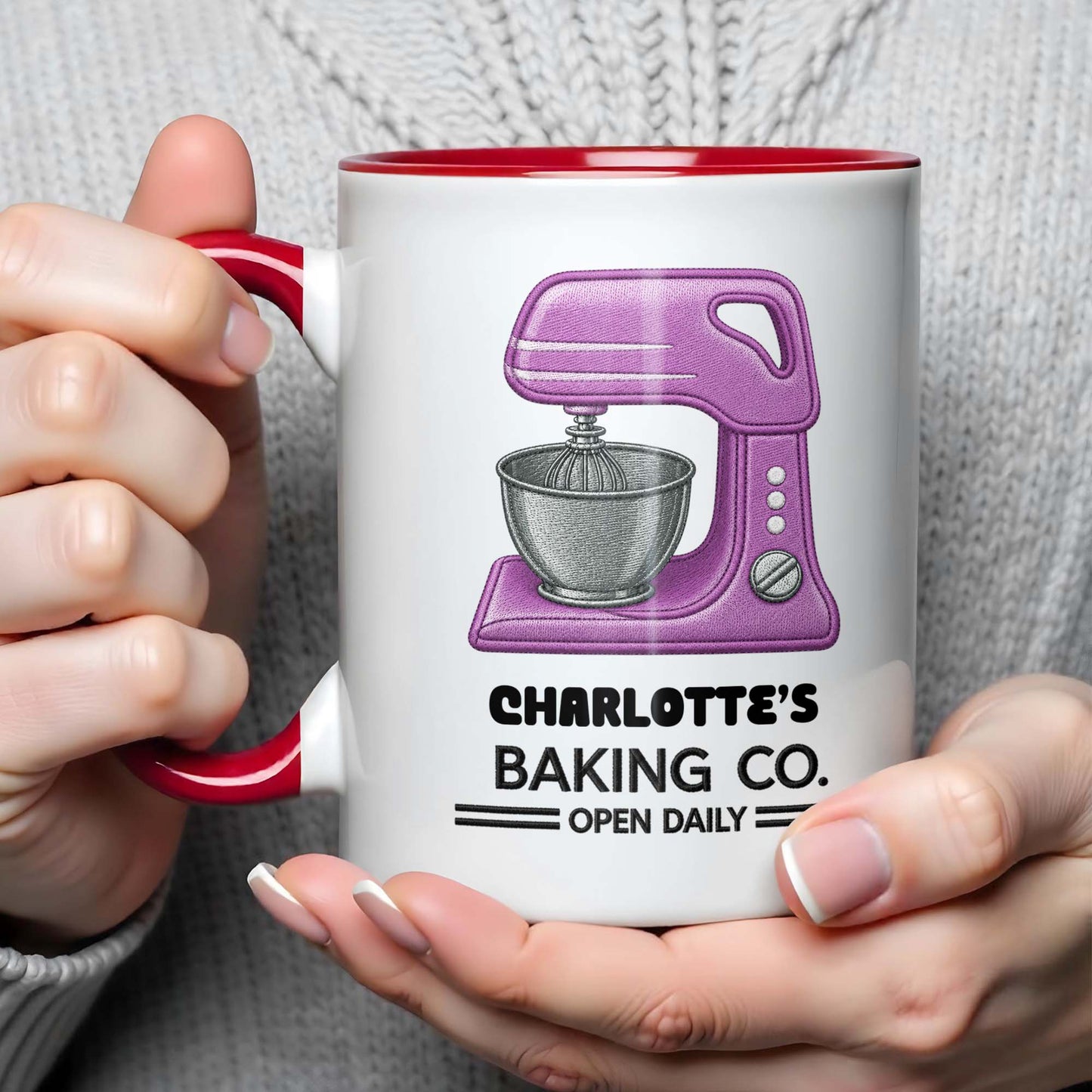 Baking Co. Open Daily With Custom Dough Mixer 3D Embroidery - Personalized Custom Accent Mug - BAKE043_AMUG
