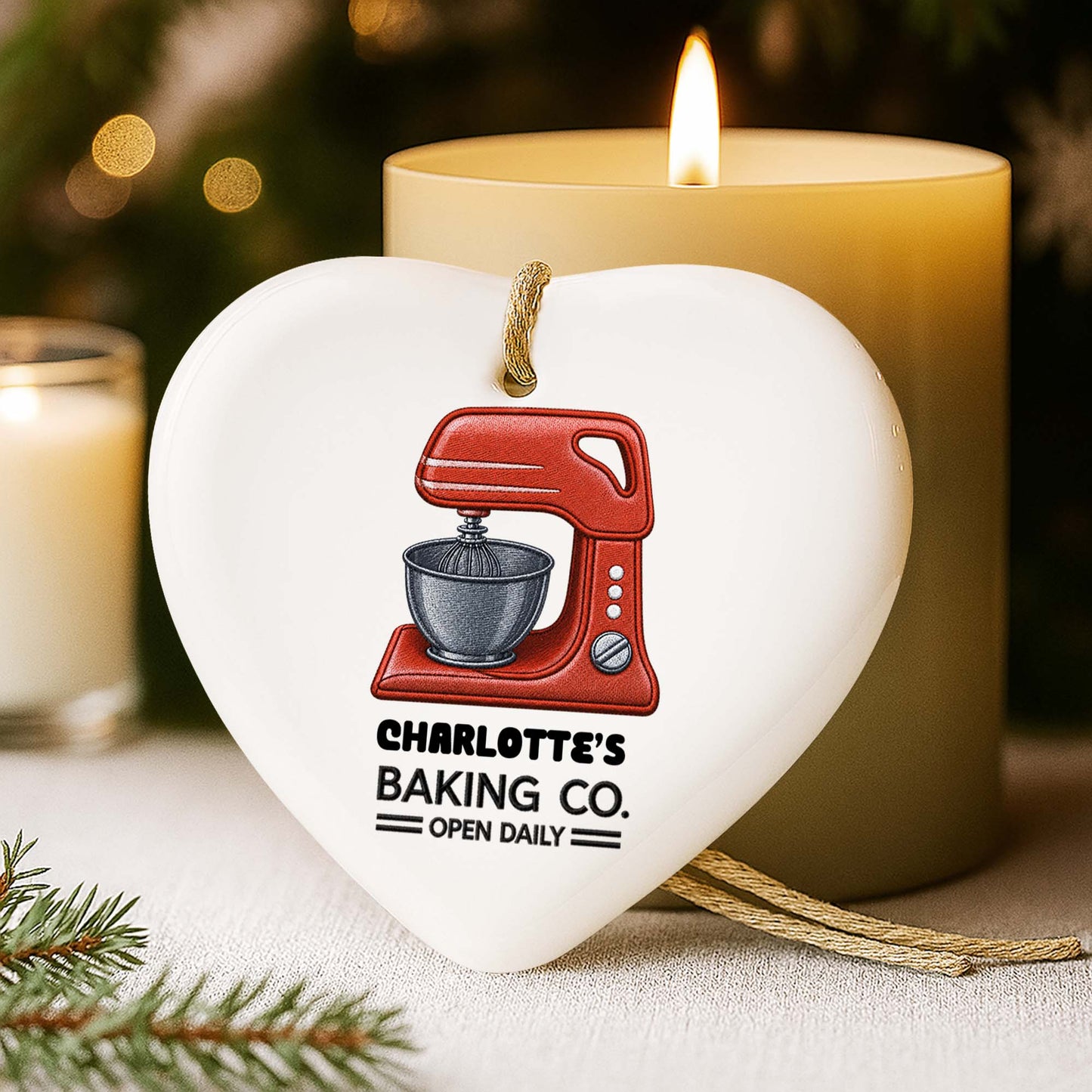 Baking Co. Open Daily Custom Dough Mixer Embroidery Style - Personalized Custom Ceramic Ornament With Heart Shape - BAKE043_HCE