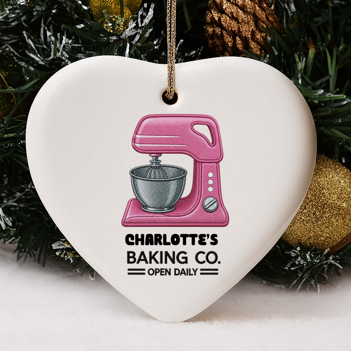 Baking Co. Open Daily Custom Dough Mixer Embroidery Style - Personalized Custom Ceramic Ornament With Heart Shape - BAKE043_HCE