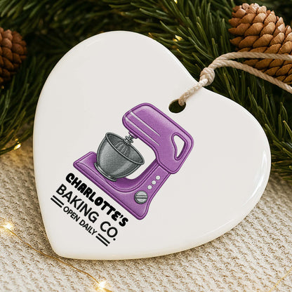 Baking Co. Open Daily Custom Dough Mixer Embroidery Style - Personalized Custom Ceramic Ornament With Heart Shape - BAKE043_HCE