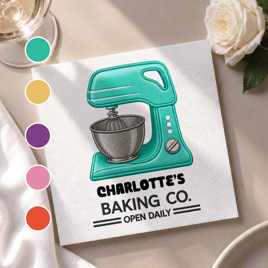 Baking Co Open Daily Custom Dough Mixer 3D Embroidery Style - Personalized Cocktail Napkins - BAKE043_PENAP