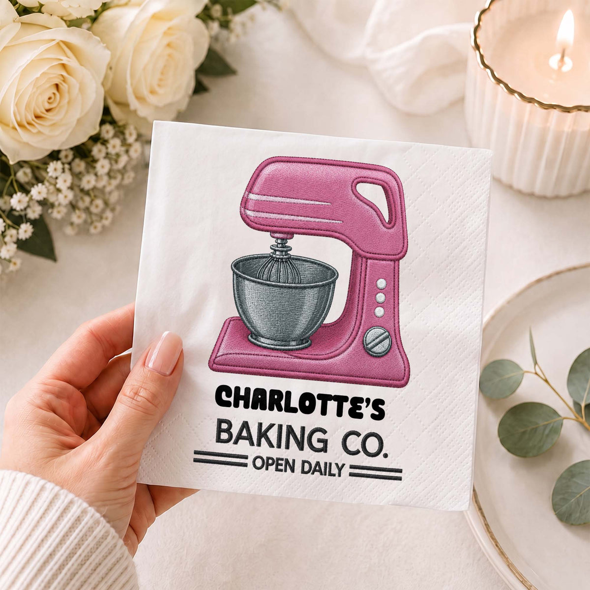Baking Co Open Daily Custom Dough Mixer 3D Embroidery Style - Personalized Cocktail Napkins - BAKE043_PENAP