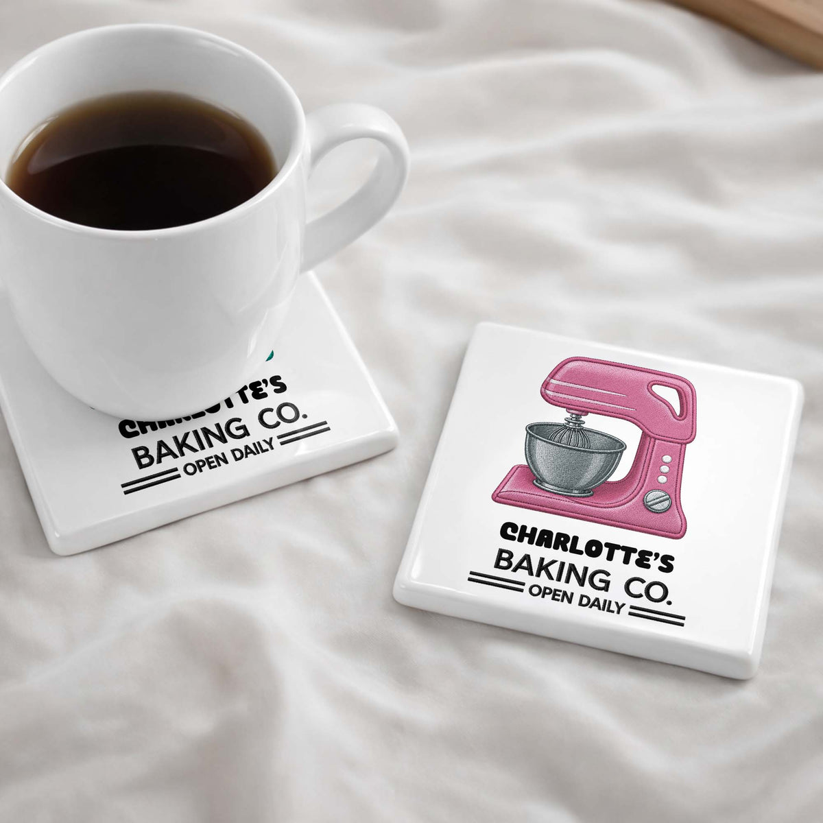 Baking Co Open Daily Custom Dough Mixer Embroidery - Personalized Custom Ceramic Coaster, Square Shape - BAKE043_SOCO