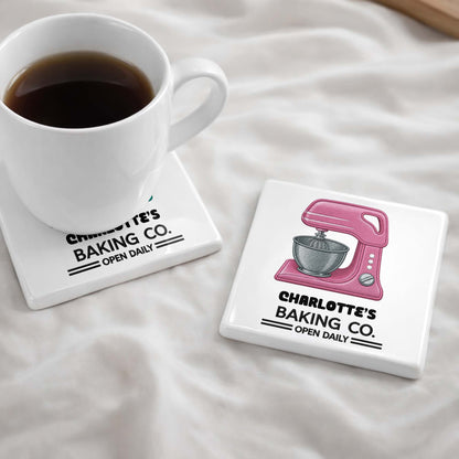 Baking Co Open Daily Custom Dough Mixer Embroidery - Personalized Custom Ceramic Coaster, Square Shape - BAKE043_SOCO