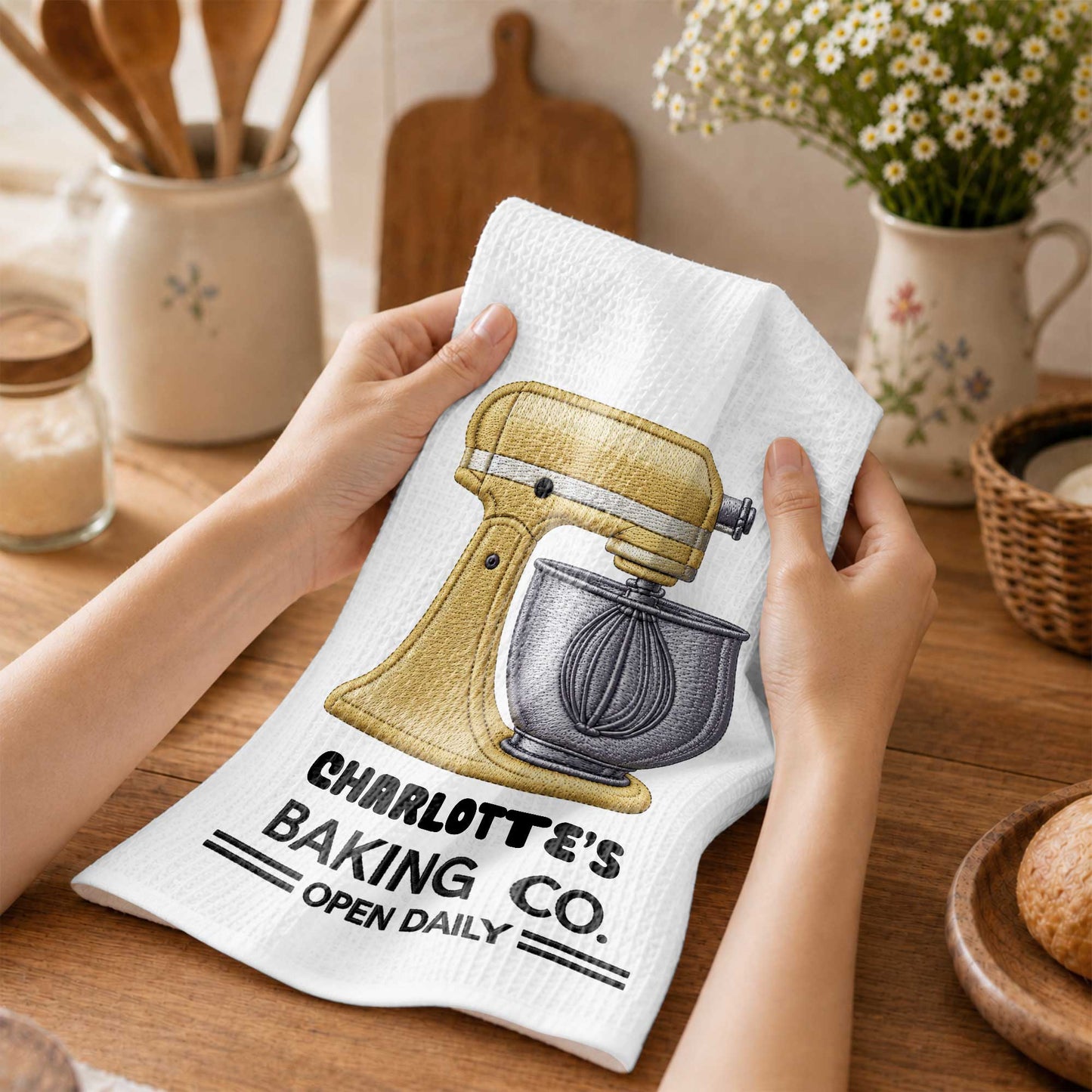 Baking Co. Open Daily Custom Name Dough Mixer 3D Embroidery - Personalized Kitchen Towel - BAKE043_TOWL