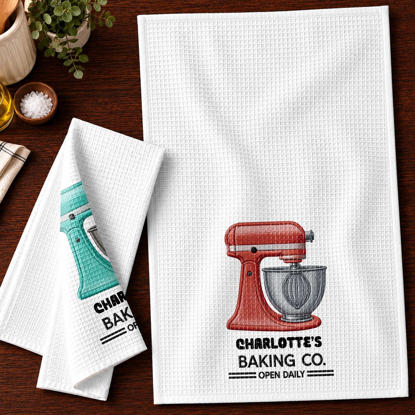 Baking Co. Open Daily Custom Name Dough Mixer 3D Embroidery - Personalized Kitchen Towel - BAKE043_TOWL