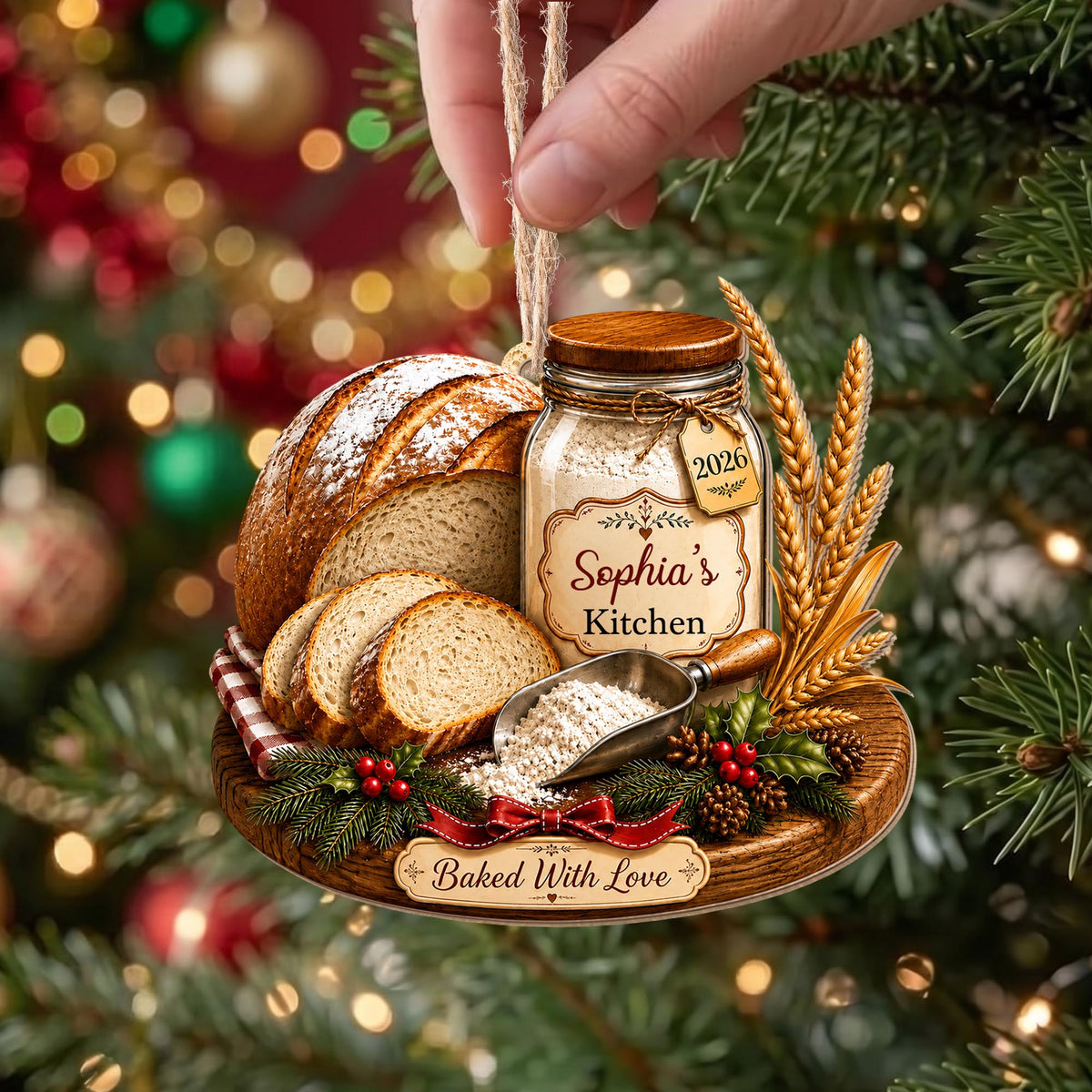 Baked With Love Kitchen Sourdough Bread And Flour Jar - Personalized Custom Wood Ornament, Custom Shaped - BAKE089_WDO