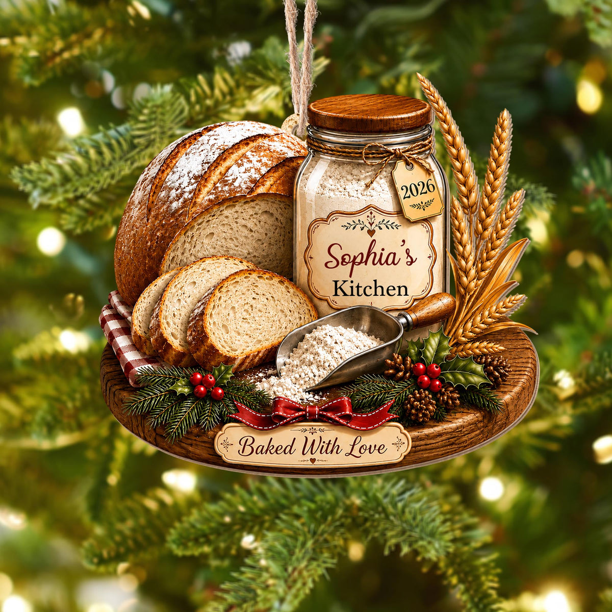 Baked With Love Kitchen Sourdough Bread And Flour Jar - Personalized Custom Wood Ornament, Custom Shaped - BAKE089_WDO