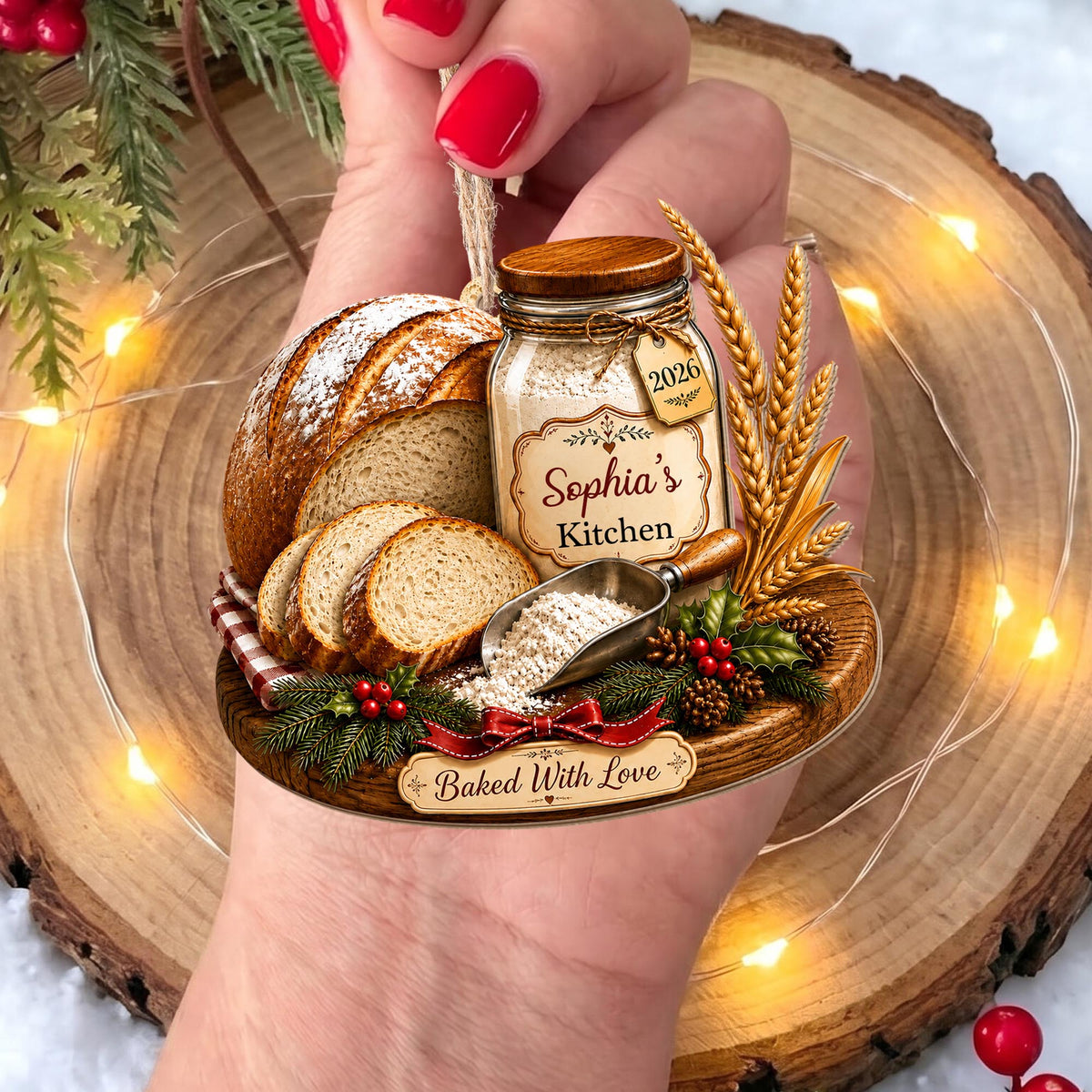 Baked With Love Kitchen Sourdough Bread And Flour Jar - Personalized Custom Wood Ornament, Custom Shaped - BAKE089_WDO