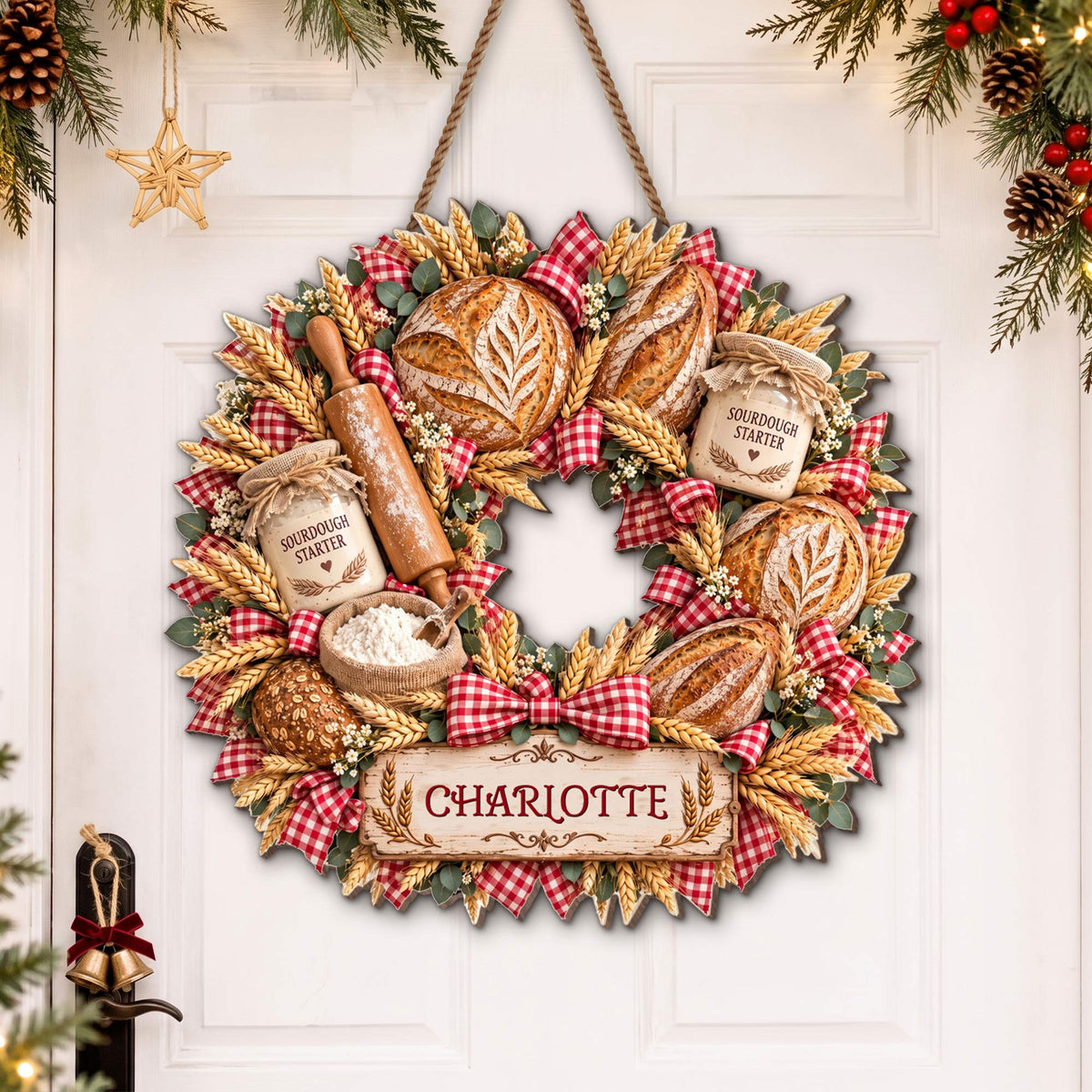 Sourdough Starter Bread Baker Wreath With Wheat And Rolling Pin - Personalized Custom Shaped Wood Sign - BAKE158_WSIGN