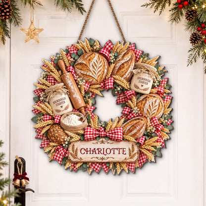 Sourdough Starter Bread Baker Wreath With Wheat And Rolling Pin - Personalized Custom Shaped Wood Sign - BAKE158_WSIGN