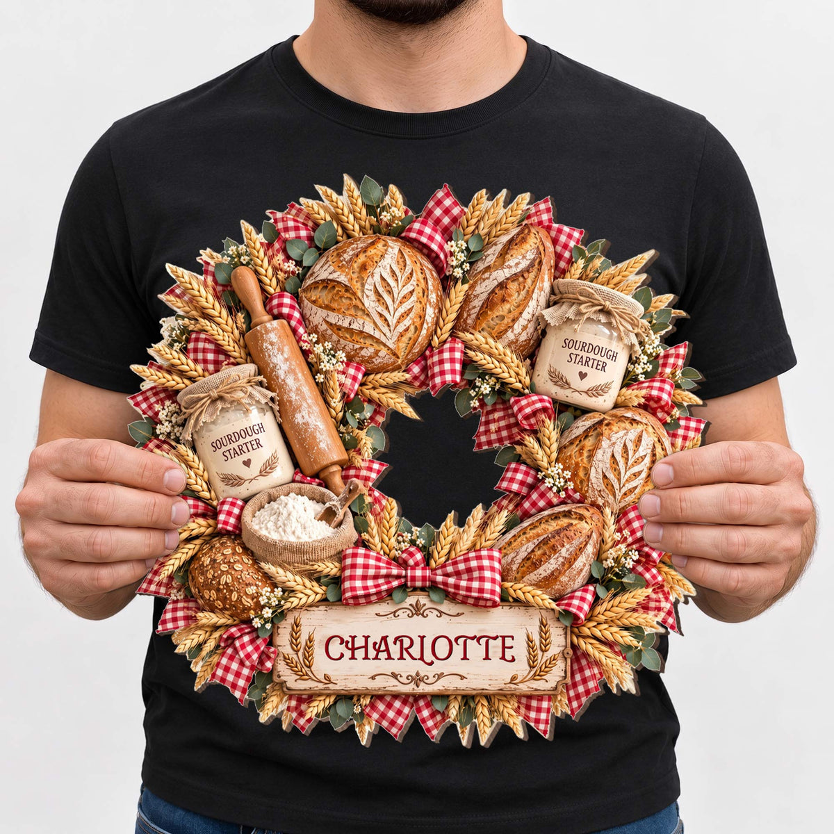 Sourdough Starter Bread Baker Wreath With Wheat And Rolling Pin - Personalized Custom Shaped Wood Sign - BAKE158_WSIGN