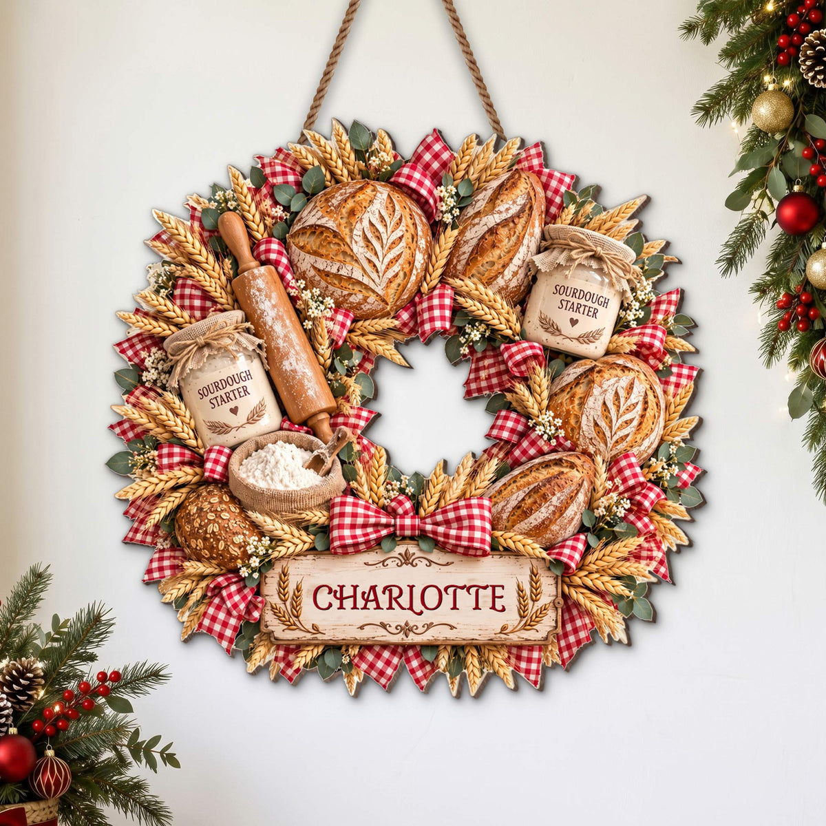 Sourdough Starter Bread Baker Wreath With Wheat And Rolling Pin - Personalized Custom Shaped Wood Sign - BAKE158_WSIGN