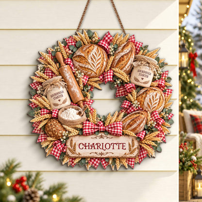 Sourdough Starter Bread Baker Wreath With Wheat And Rolling Pin - Personalized Custom Shaped Wood Sign - BAKE158_WSIGN
