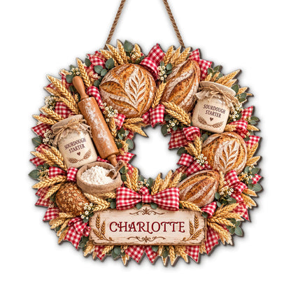 Sourdough Starter Bread Baker Wreath With Wheat And Rolling Pin - Personalized Custom Shaped Wood Sign - BAKE158_WSIGN