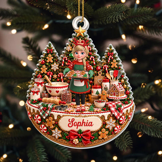 Sweet Little Baker Bringing Holiday Joy With Gingerbread Cookies - Personalized Custom Acrylic Ornament, Christmas Gift - BAKE197_ACO