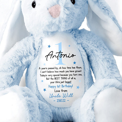 Joyeux 1er anniversaire, ta vie commence avec les étoiles - Peluche lapin personnalisée - BDAY006_BUN
