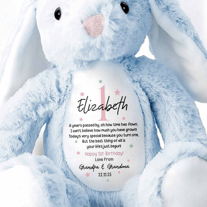 A Year's Passed By, Oh How Time Has Flown, Happy 1st Birthday, Personalized Stuffed Bunny With Stars