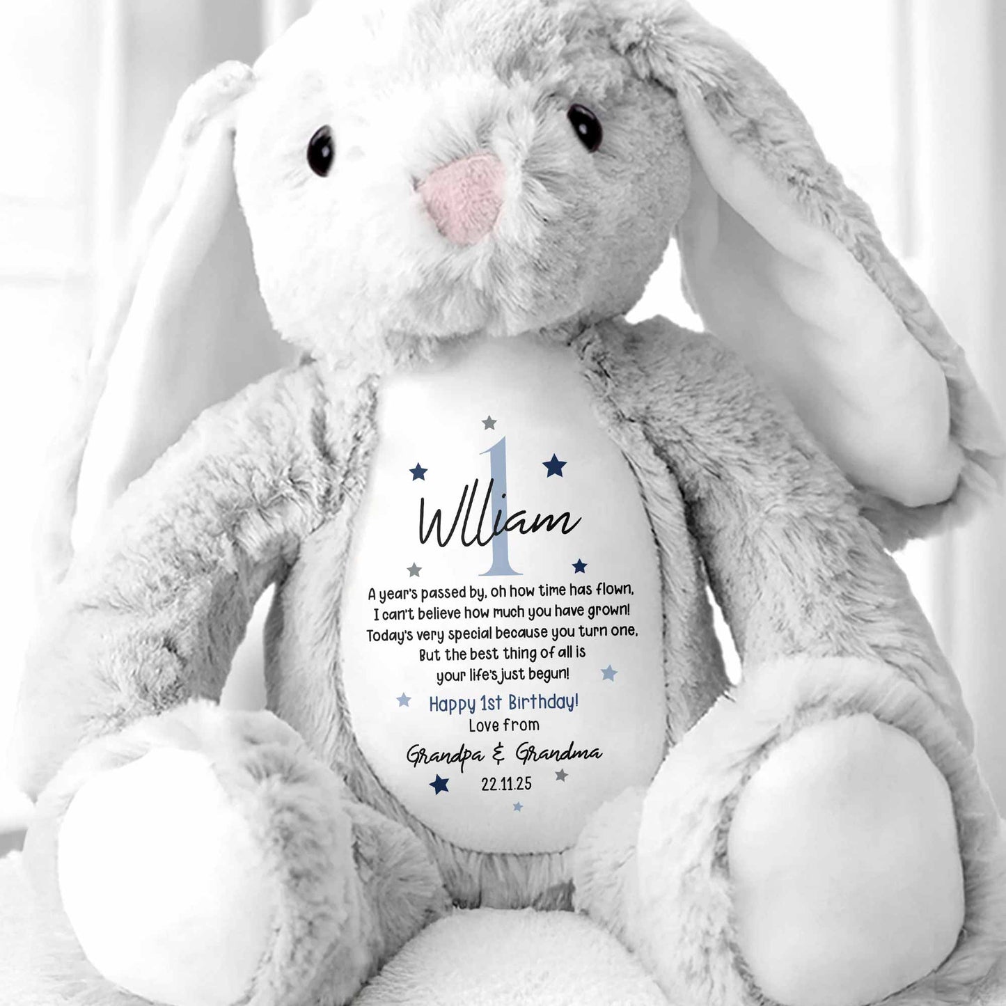 A Year's Passed By, Oh How Time Has Flown, Happy 1st Birthday, Personalized Stuffed Bunny With Stars