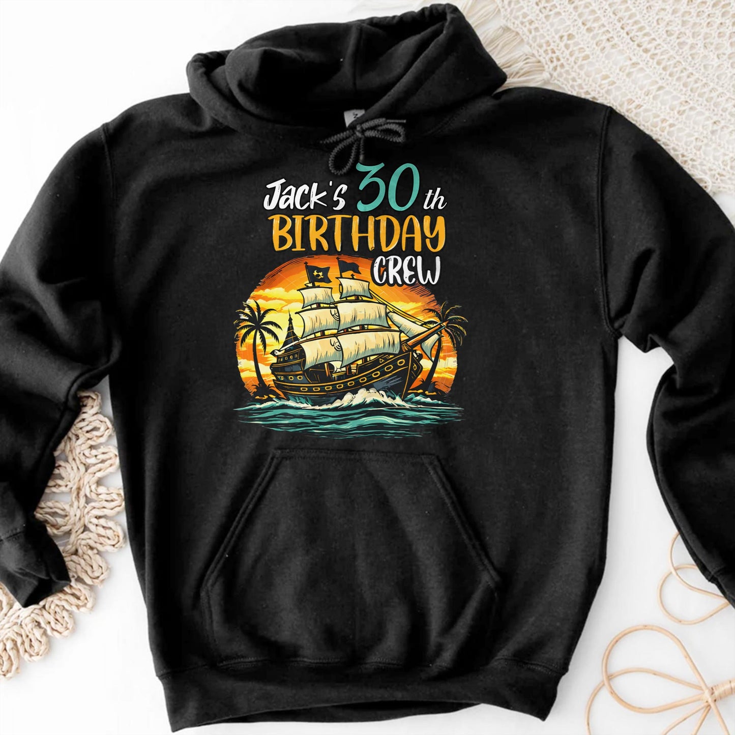Birthday Crew Pirate Ship Sailboat And Palm Trees - Personalized Custom Unisex T-shirt, Hoodie - BDAY014_BBAS