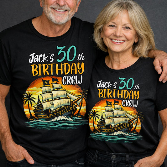 Birthday Crew Pirate Ship Sailboat And Palm Trees - Personalized Custom Unisex T-shirt, Hoodie - BDAY014_BBAS