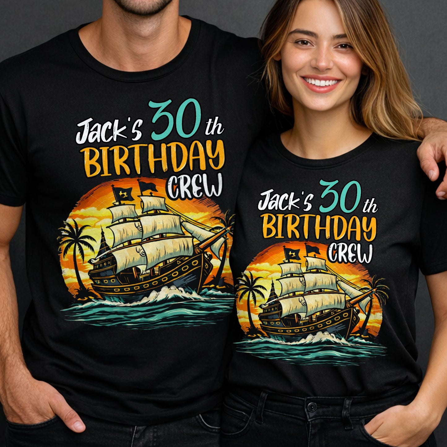 Birthday Crew Pirate Ship Sailboat And Palm Trees - Personalized Custom Unisex T-shirt, Hoodie - BDAY014_BBAS