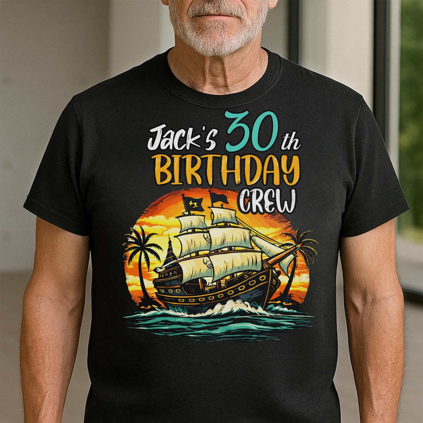 Birthday Crew Pirate Ship Sailboat And Palm Trees - Personalized Custom Unisex T-shirt, Hoodie - BDAY014_BBAS