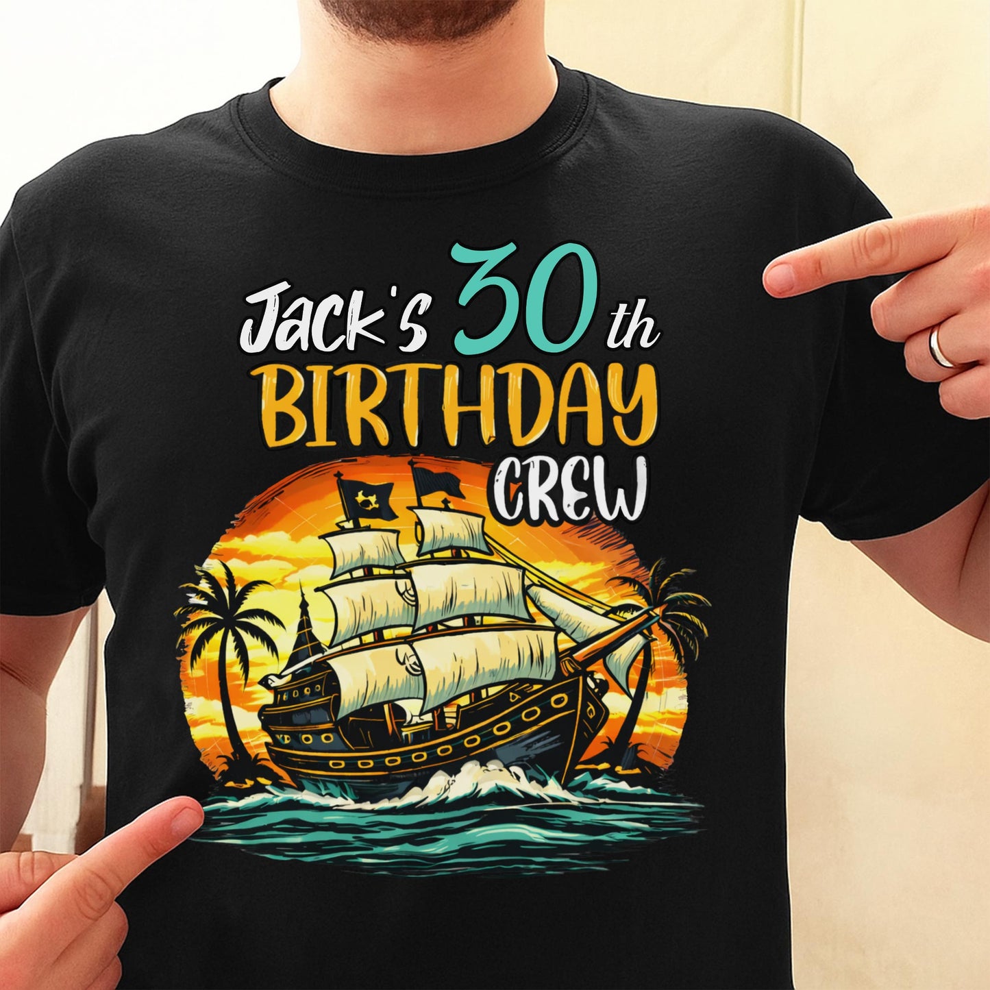 Birthday Crew Pirate Ship Sailboat And Palm Trees - Personalized Custom Unisex T-shirt, Hoodie - BDAY014_BBAS