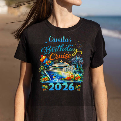 Birthday Cruise With Ship Tropical Flowers And Fireworks - Personalized Custom Unisex T-shirt, Hoodie - BDAY028_BBAS