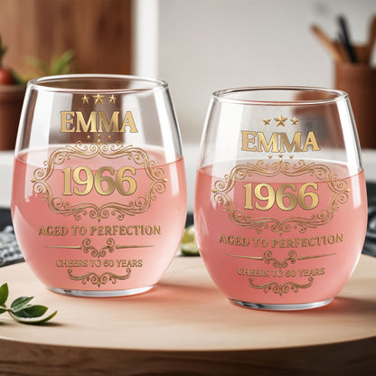 Aged To Perfection Cheers To Many Years Gold Stars And Filigree - Personalized Stemless Wine Glass - BDAY038_WIGL