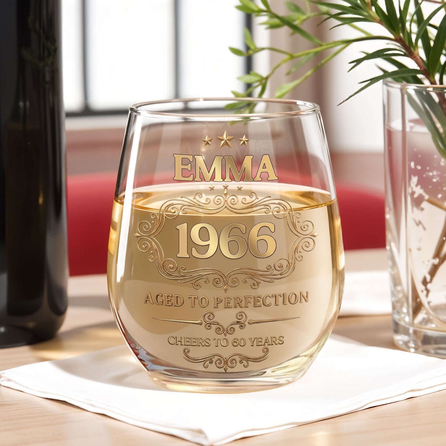 Aged To Perfection Cheers To Many Years Gold Stars And Filigree - Personalized Stemless Wine Glass - BDAY038_WIGL